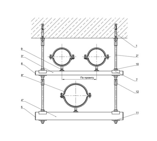 Крепления нескольких трубопроводов к перекрытию в Борисове
